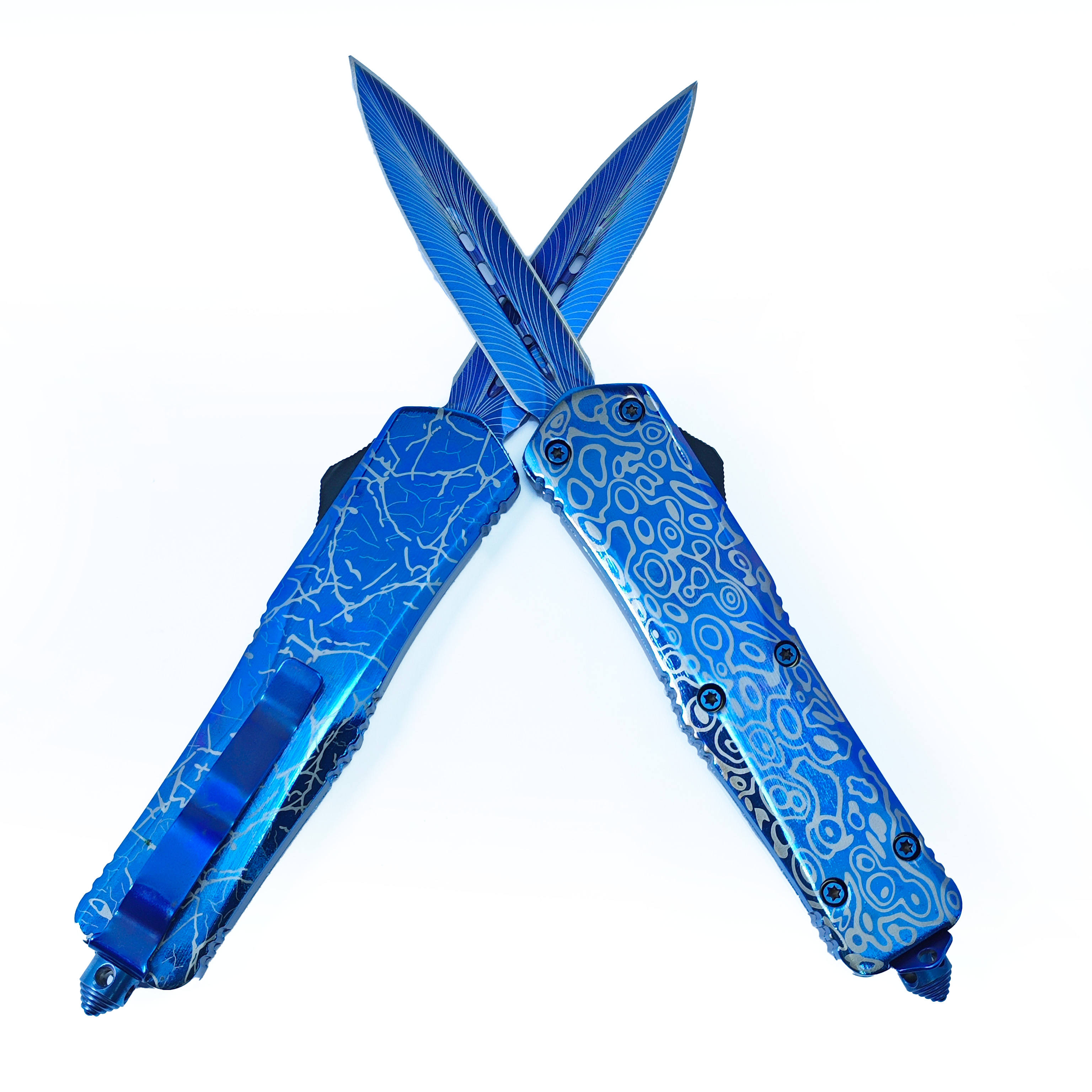 Blue Titanium Switch Blade Custom Sliding Knife Spear Knife Otf Hunting Automatic Knife