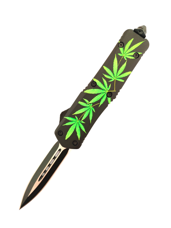 Green Leaf Steel Blade Automatic Spear Point Double Action Out The Front Straight Out Knives