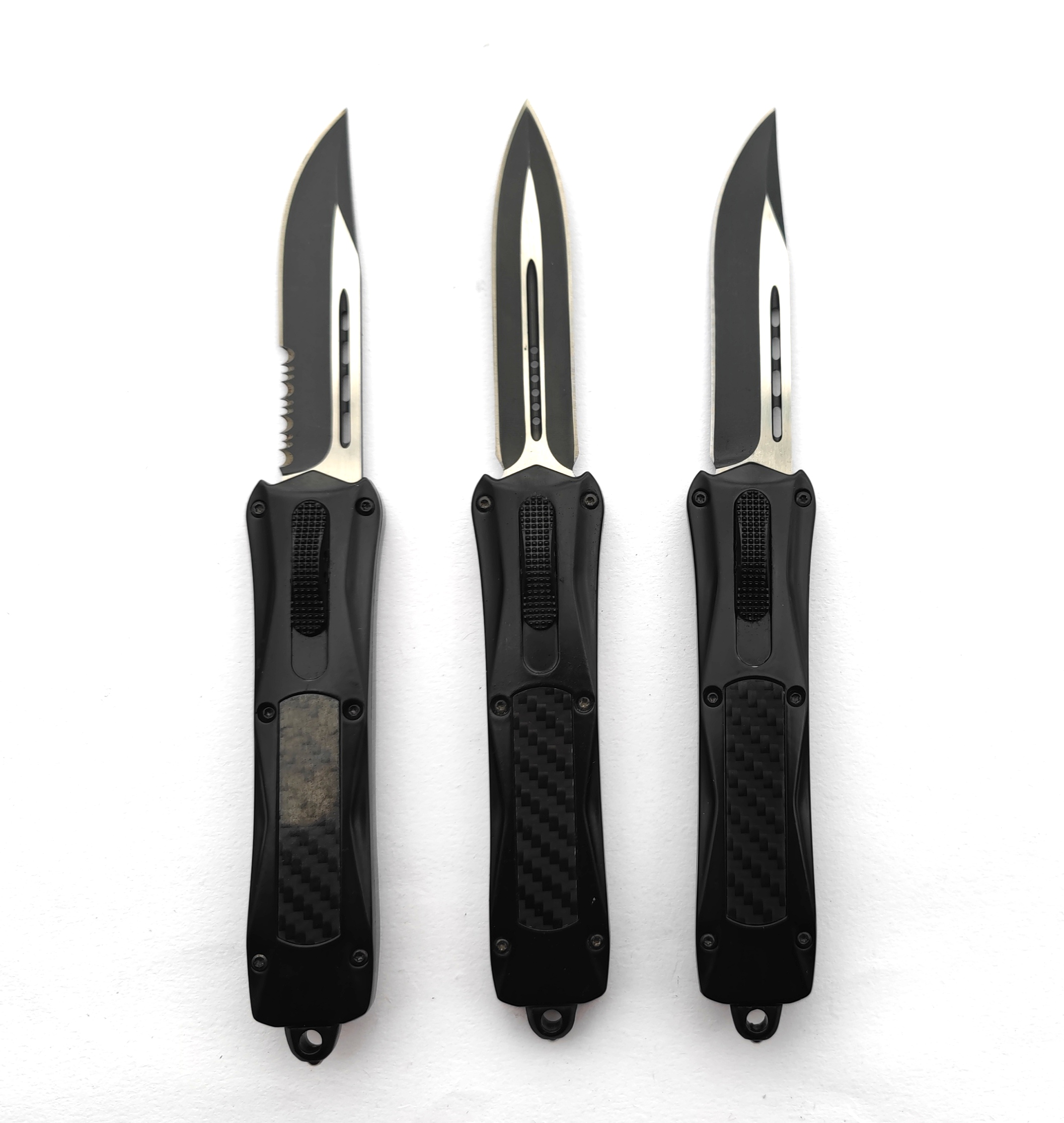 Switch Blade Edged Carbon Fiber Inserted Serrated Otf Hunting Knife Automatic Knife with Serration