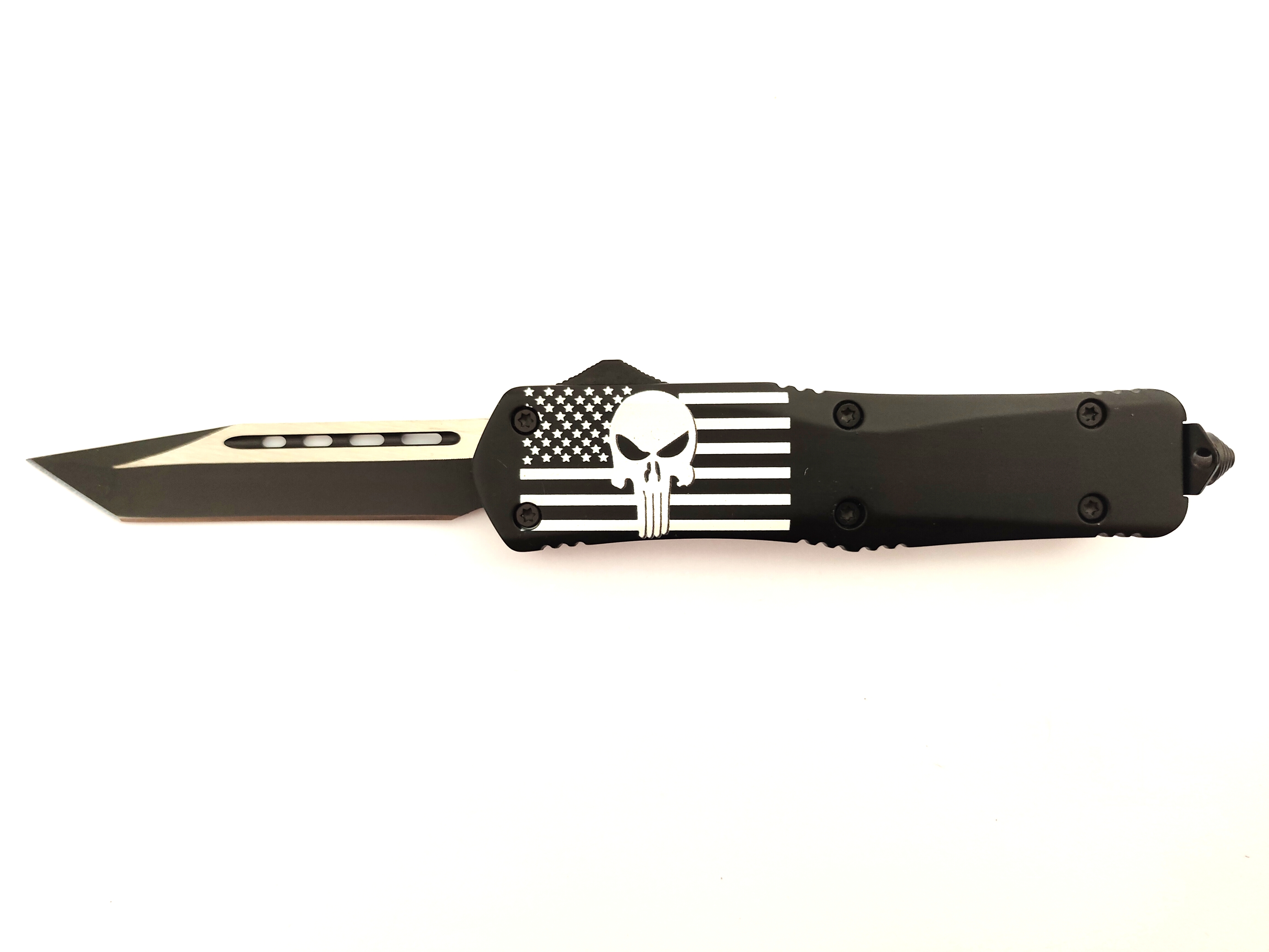 Black American Flag Skull Tanto Blade Clip Point Assisted Camping Hunting Fishing Auto Otf Outdoor Knife