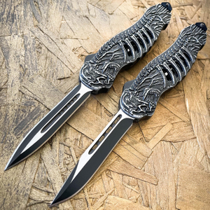 Pewter Gray Grim Reaper Novelty Skull Stonewash Spring Assisted Defender Clip Point Auto OTF Knife