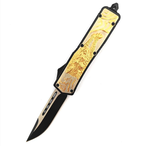 Otf New 3D Pattern Engraved Zinc Alloy Handle Tactical Wolf Combat Automatic Knife