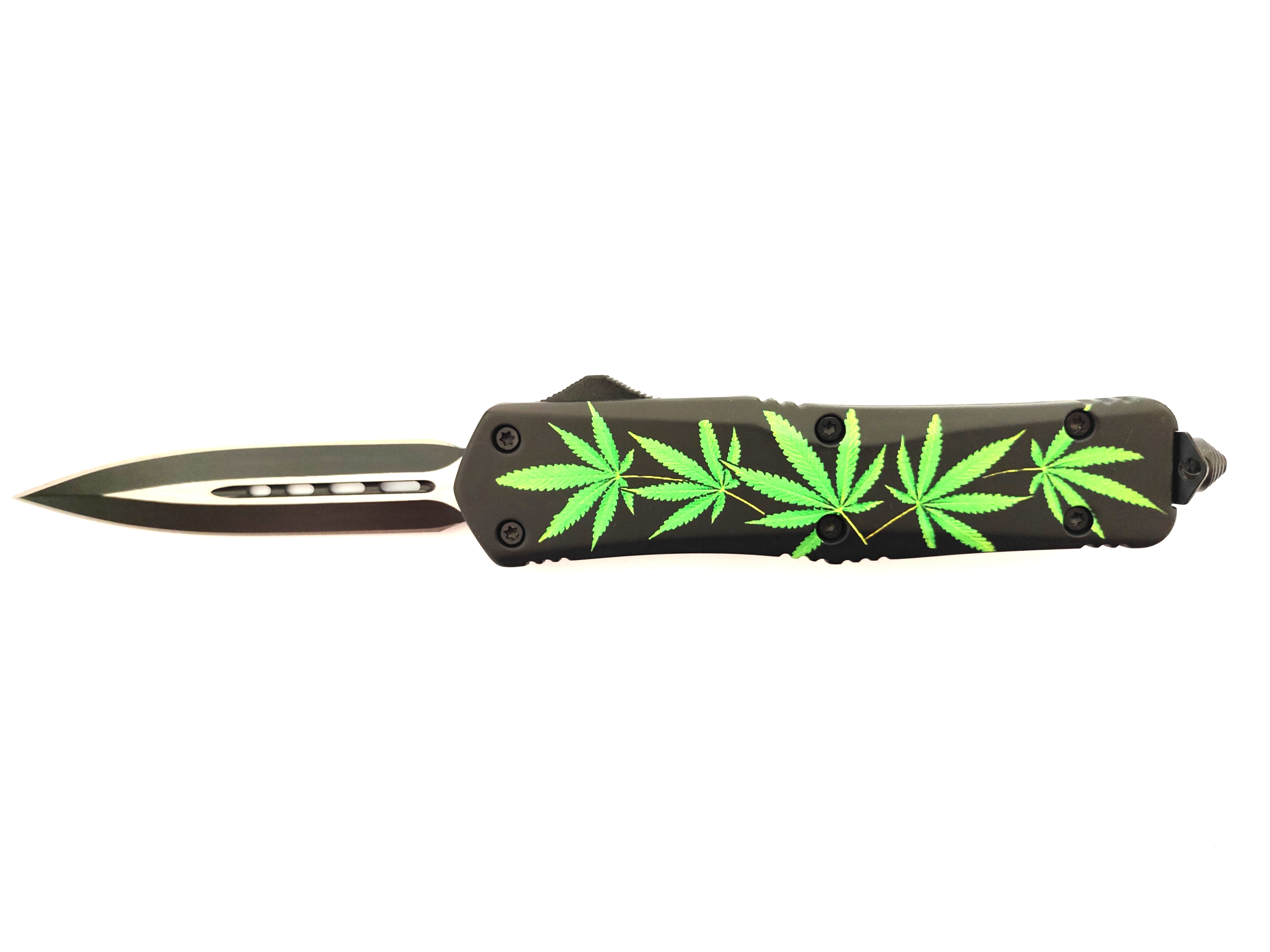 Green Leaf Steel Blade Automatic Spear Point Double Action Out The Front Straight Out Knives