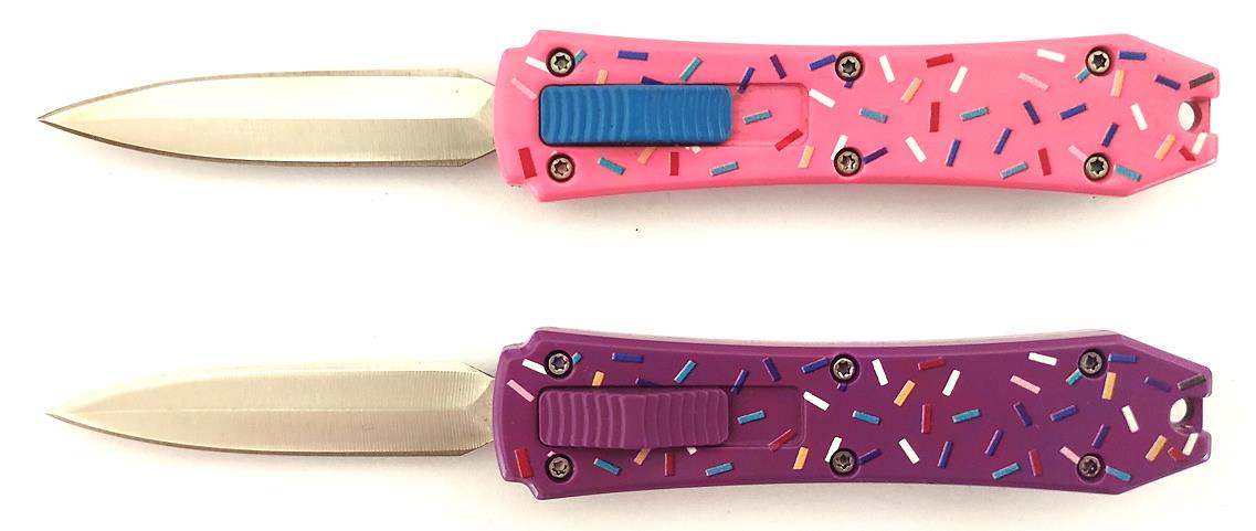 Pink Purple Doughnut Cupcake Switch Blade Mini Self Defense Double Blade Automatic Otf Knife