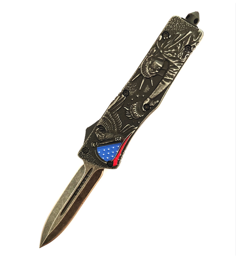 3D Engraved American Statue of Liberty Button Lock Push Automatic Otf Out The Front Knife