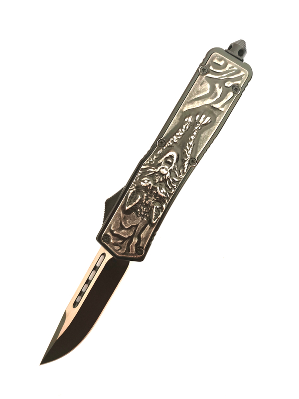 Otf New 3D Pattern Engraved Zinc Alloy Handle Tactical Wolf Combat Automatic Knife