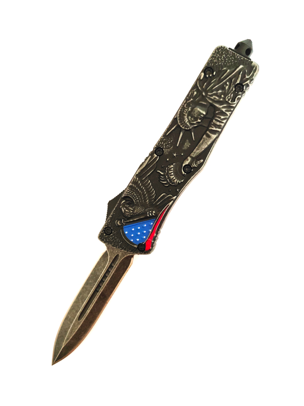 3D Engraved American Statue of Liberty Button Lock Push Automatic Otf Out The Front Knife