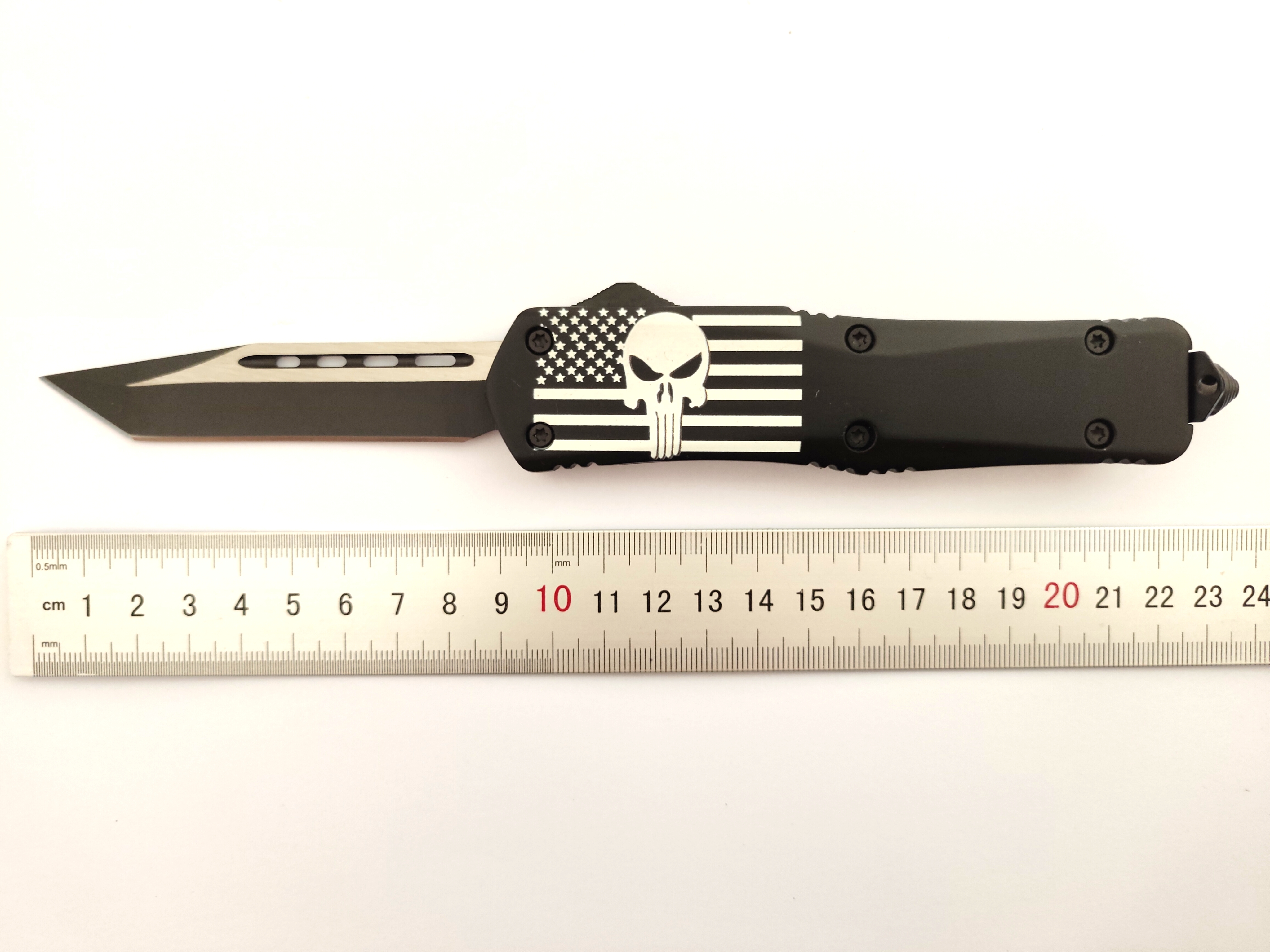 Black American Flag Skull Tanto Blade Clip Point Assisted Camping Hunting Fishing Auto Otf Outdoor Knife