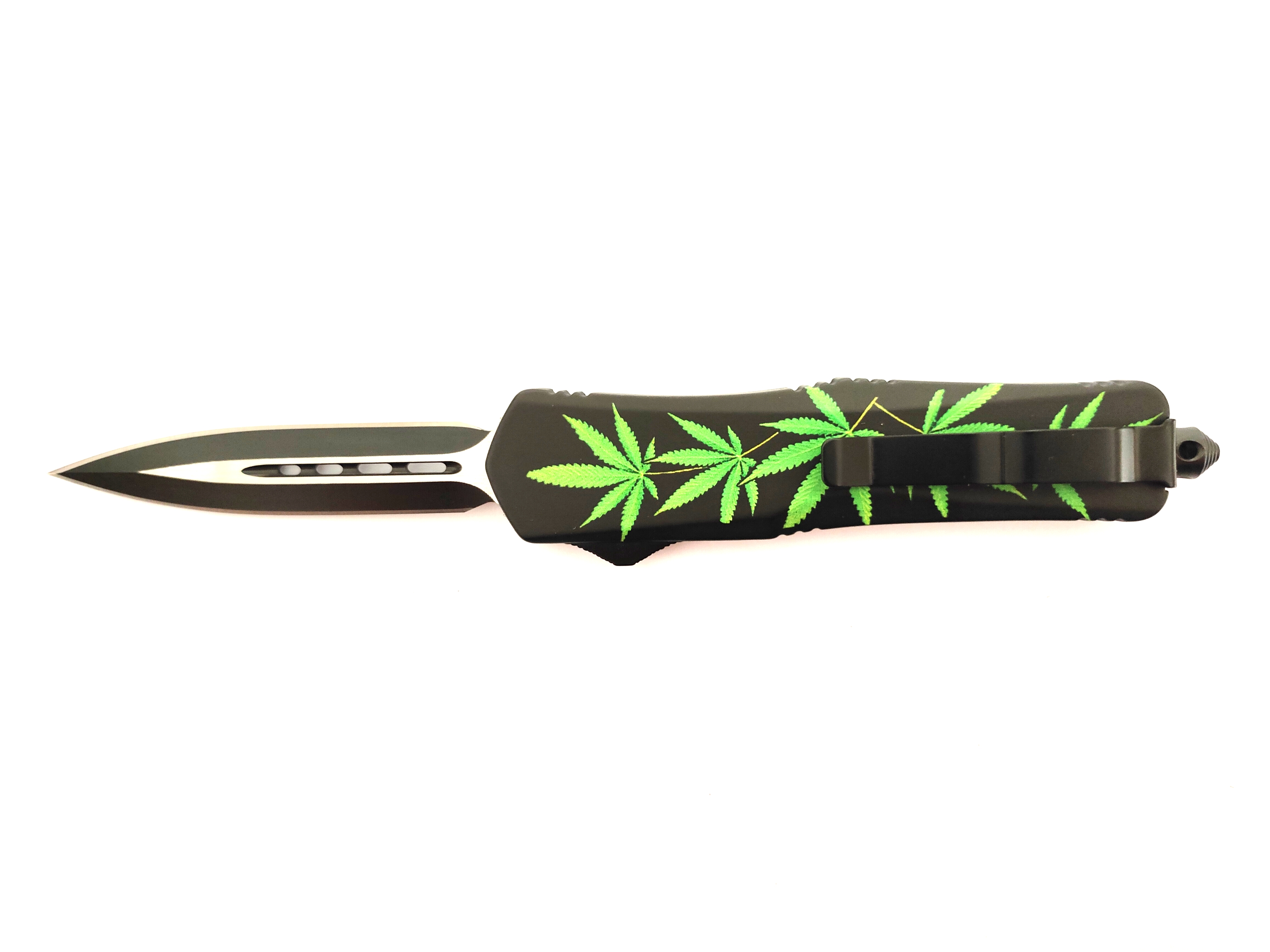 Green Leaf Steel Blade Automatic Spear Point Double Action Out The Front Straight Out Knives