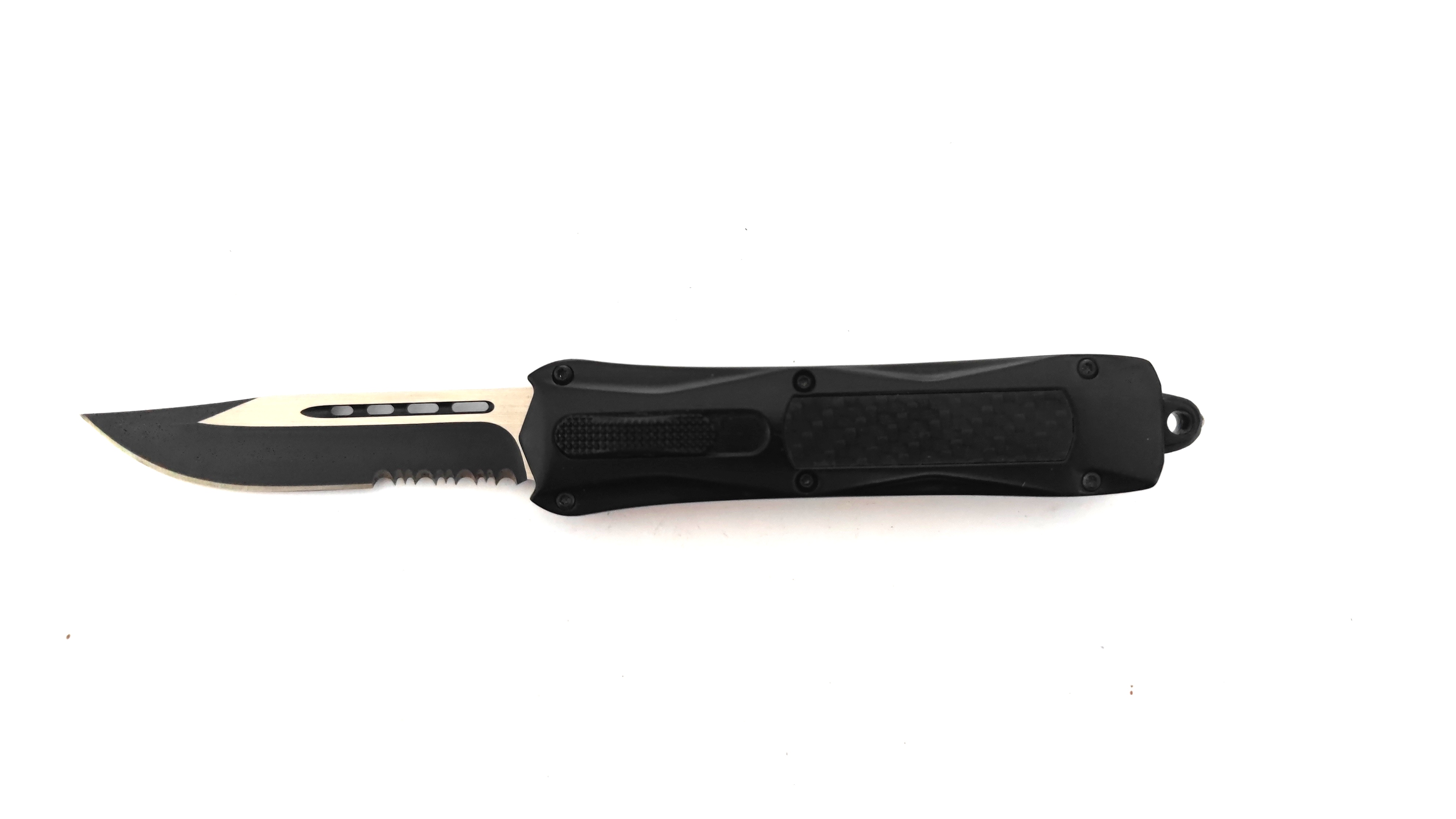 Switch Blade Edged Carbon Fiber Inserted Serrated Otf Hunting Knife Automatic Knife with Serration
