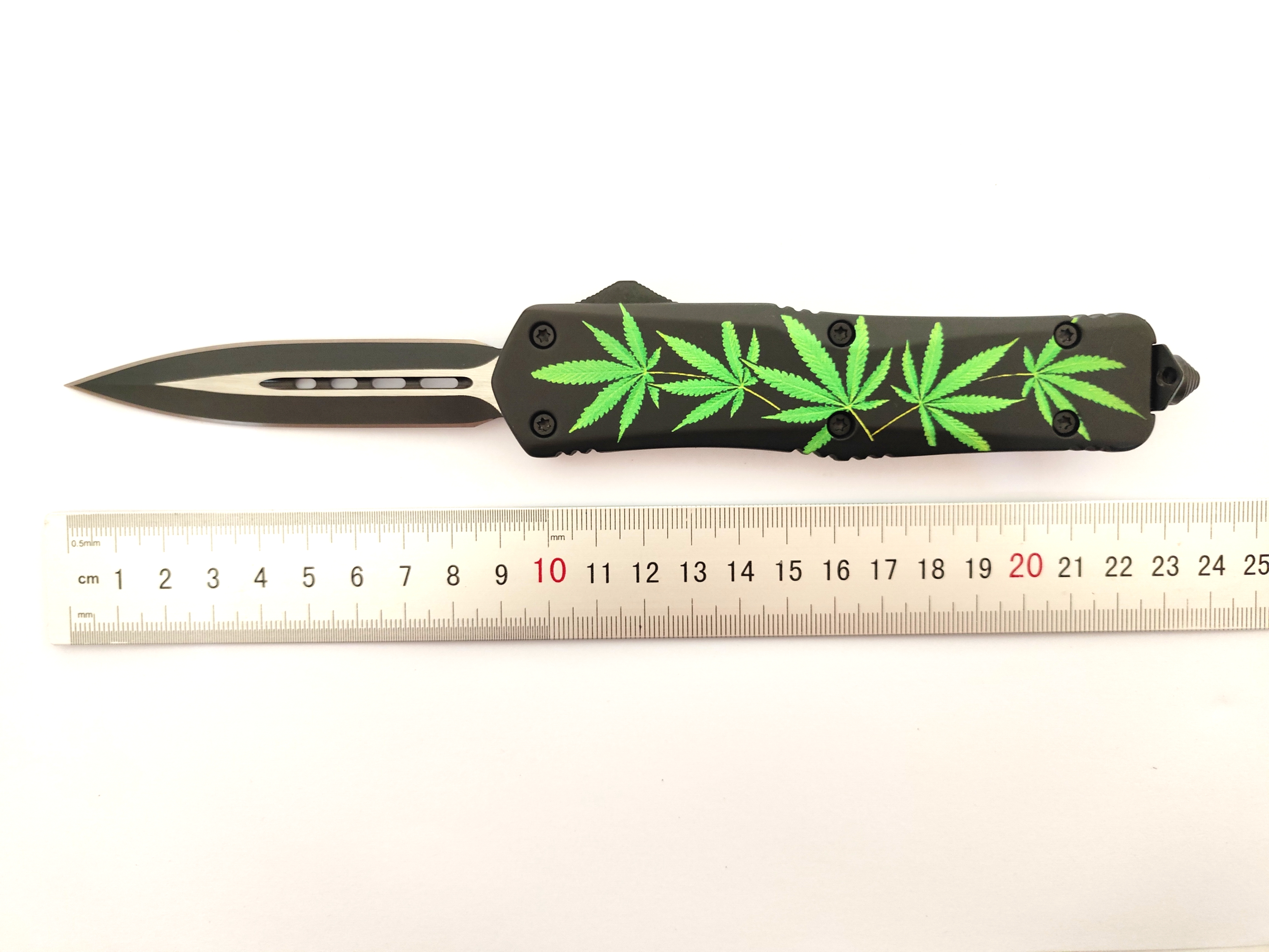 Green Leaf Steel Blade Automatic Spear Point Double Action Out The Front Straight Out Knives