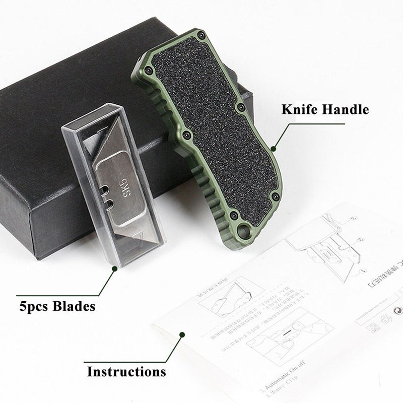 Textured Non Slip Inlay Double Action Edc Replacement Blade Pocket Razor Box Cutter Folding Automatic Otf Utility Knife
