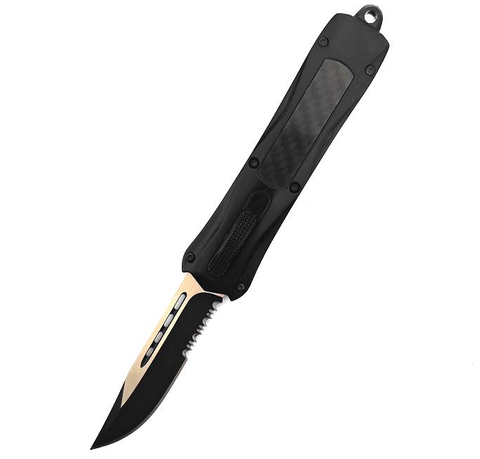 Switch Blade Edged Carbon Fiber Inserted Serrated Otf Hunting Knife Automatic Knife with Serration