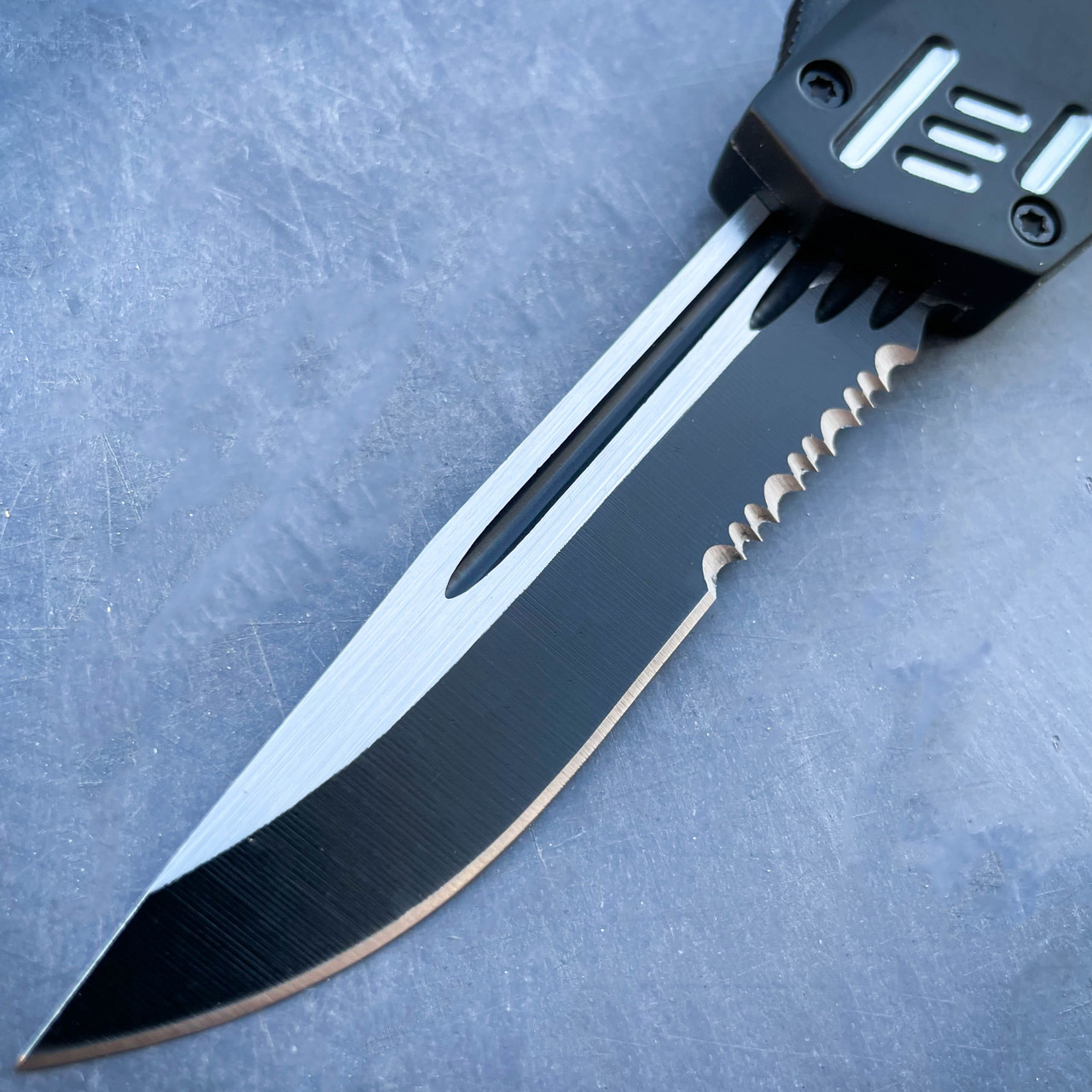 Large Sliding Dual Action Knife Serrated Edge Otf Automatic Knife
