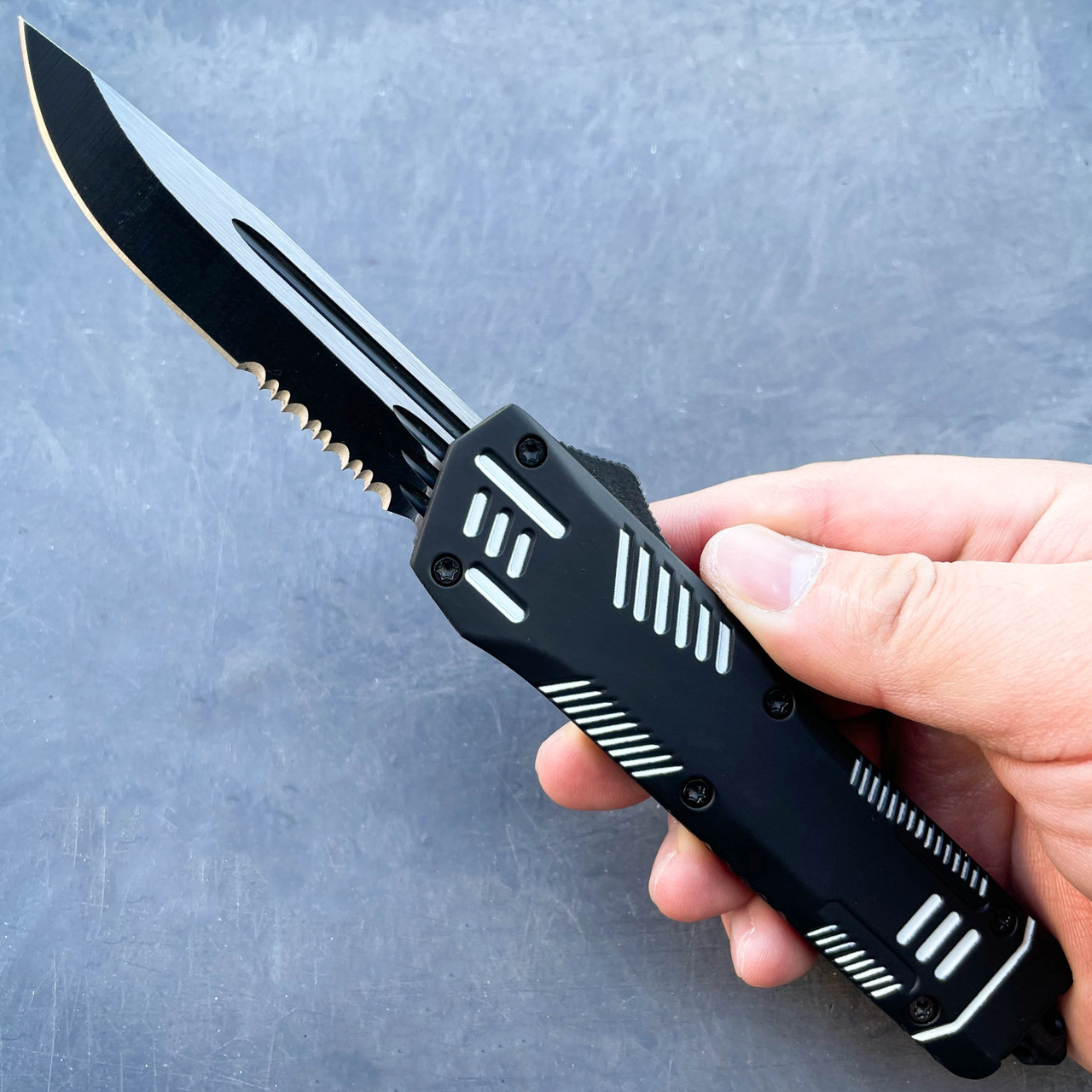 Large Sliding Dual Action Knife Serrated Edge Otf Automatic Knife