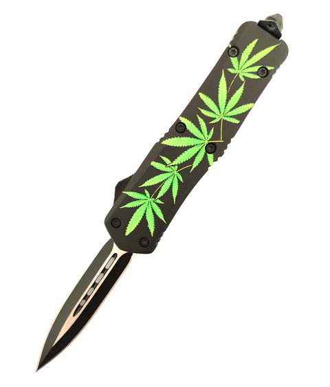 Green Leaf Steel Blade Automatic Spear Point Double Action Out The Front Straight Out Knives