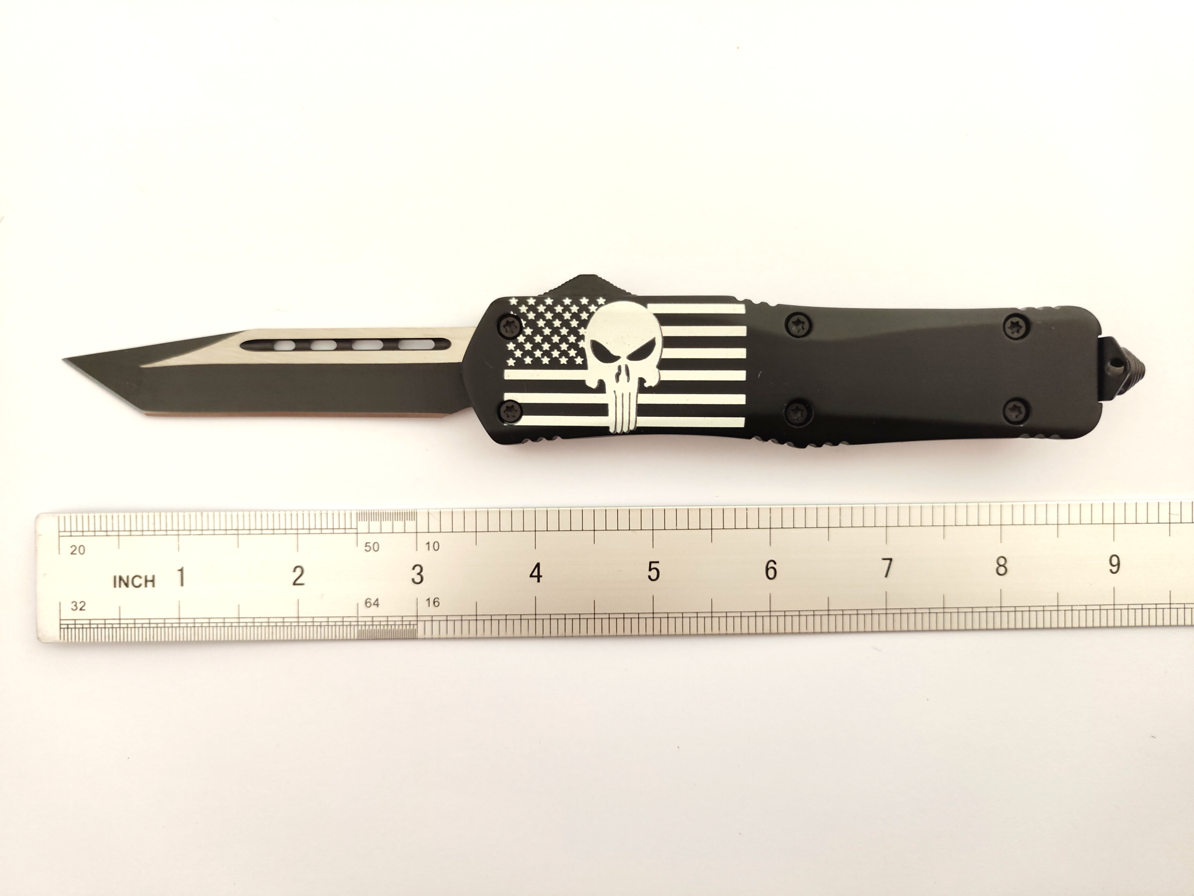 Black American Flag Skull Tanto Blade Clip Point Assisted Camping Hunting Fishing Auto Otf Outdoor Knife