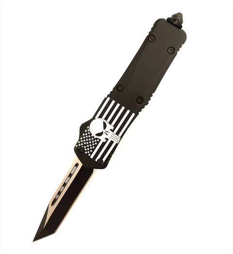 Black American Flag Skull Tanto Blade Clip Point Assisted Camping Hunting Fishing Auto Otf Outdoor Knife