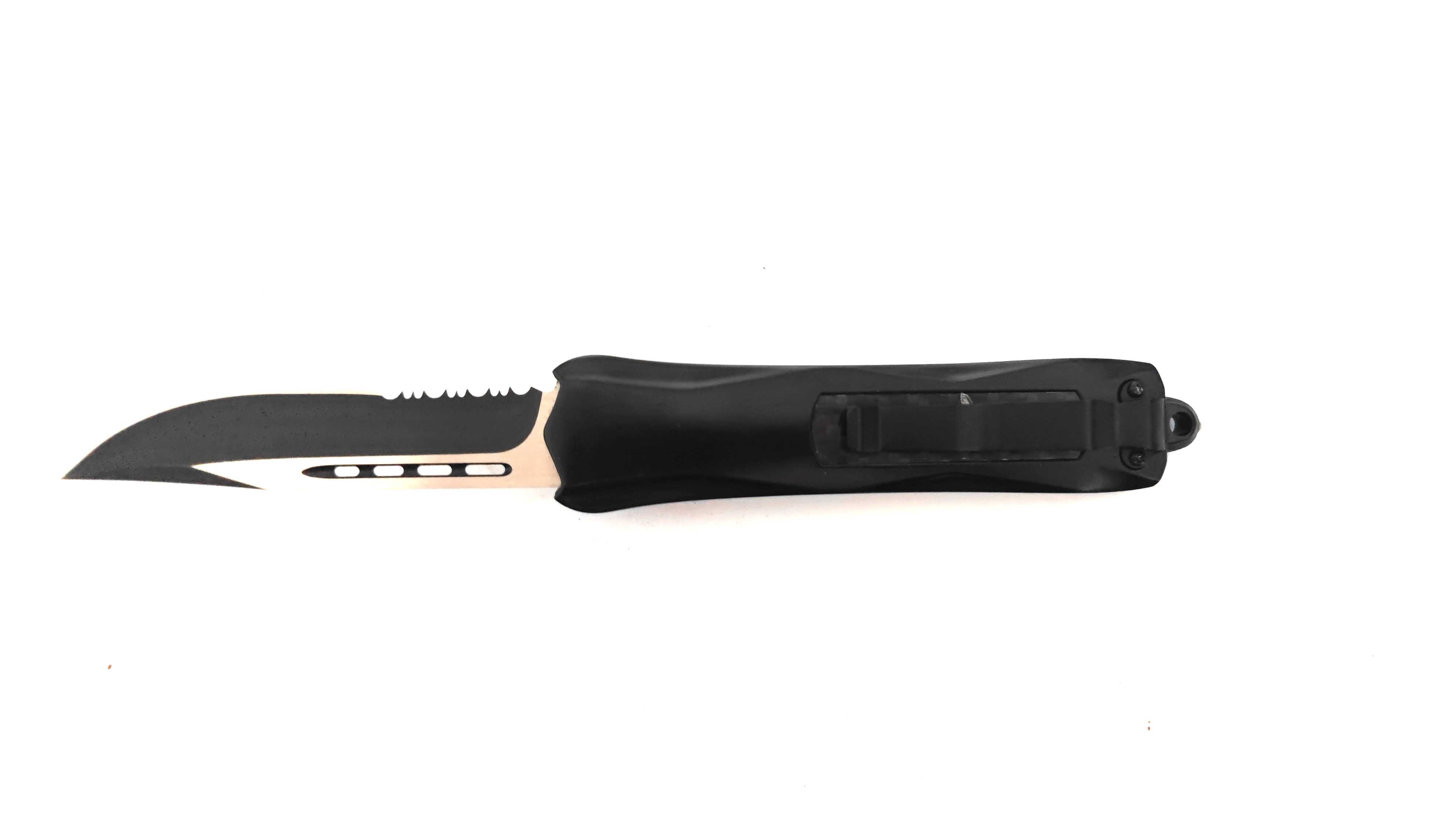 Switch Blade Edged Carbon Fiber Inserted Serrated Otf Hunting Knife Automatic Knife with Serration